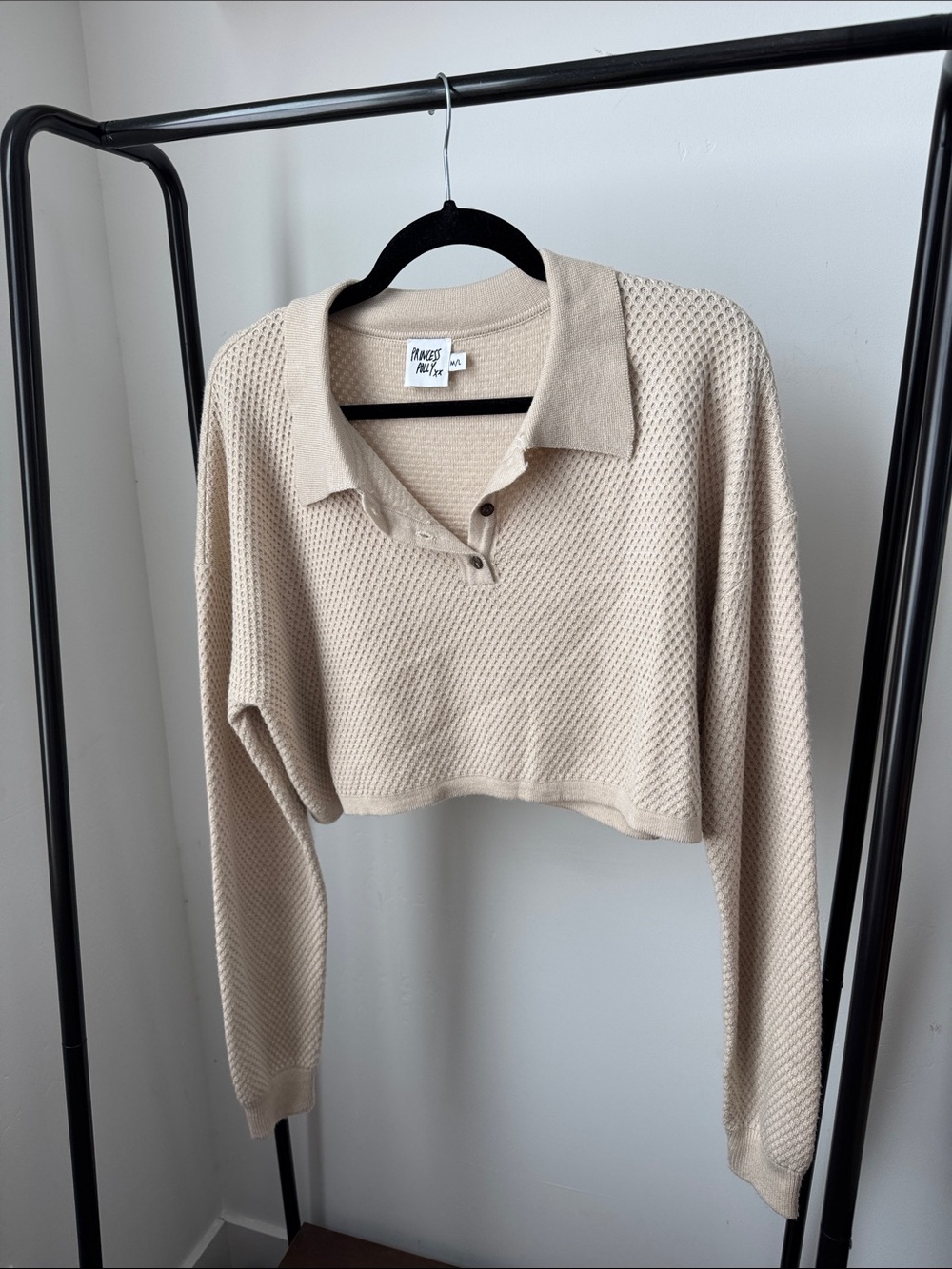 Beige Cropped Waffle Knit Polo Sweater